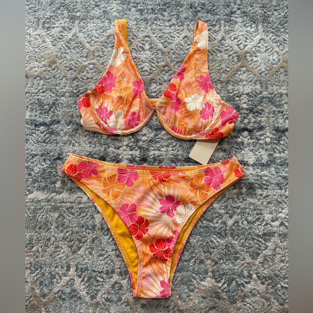 Cabana Del Sol tropical print bikini adjustable straps in orange color size L